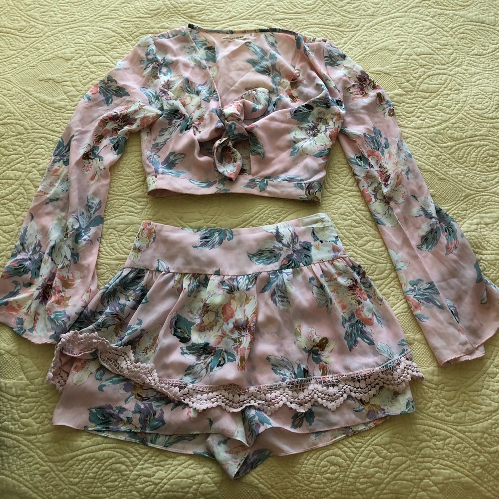 Pink 2 Piece Floral Crop Top Set